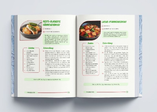 Buchcover und Innenansicht für das Buch: High Protein Kochbuch zum Abnehmen - Blitzrezepte ohne Proteinpulver: Über 100 schnelle & eiweißreiche Rezepte mit Nährwertangaben | Proteinreiche Ernährung für Fettabbau, Muskelaufbau & Fitness + 30-Tage-Ernährungsplan