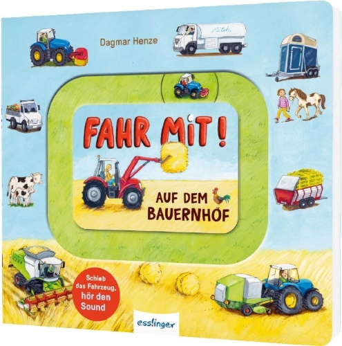 Buchcover und Innenansicht für das Buch: Meine Schiebebahn-Pappe (Soundbuch): Fahr mit auf dem Bauernhof
