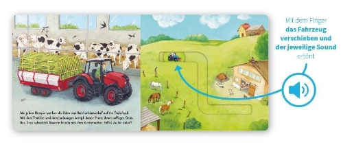 Buchcover und Innenansicht für das Buch: Meine Schiebebahn-Pappe (Soundbuch): Fahr mit auf dem Bauernhof