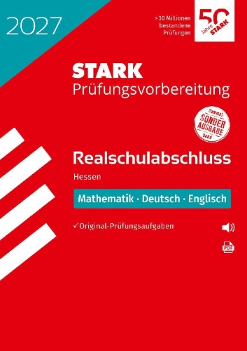 Buchcover und Innenansicht für das Buch: STARK Mathematik, Deutsch, Englisch - Realschulabschluss 2027 Hessen - Prüfungsvorbereitung