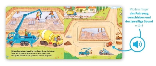 Buchcover und Innenansicht für das Buch: Meine Schiebebahn-Pappe (Soundbuch): Fahr mit auf der Baustelle