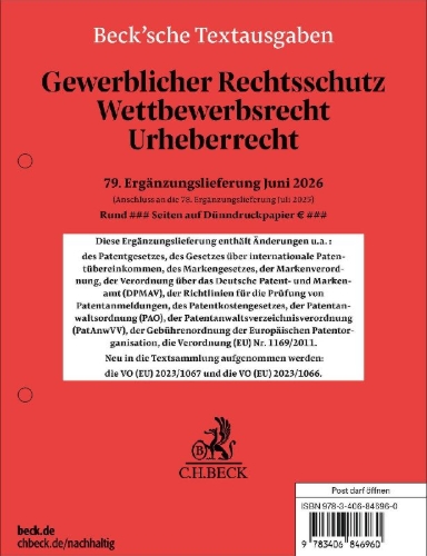 Buchcover und Innenansicht für das Buch: Gewerblicher Rechtsschutz, Wettbewerbsrecht, Urheberrecht  79. Ergänzungslieferung