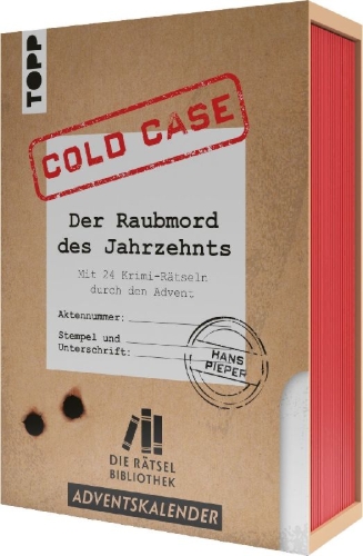 Buchcover und Innenansicht für das Buch: Die Rätselbibliothek. Adventskalender - Cold Case: Der Raubmord des Jahrzehnts: Mit 24 Krimi-Rätseln durch den Advent