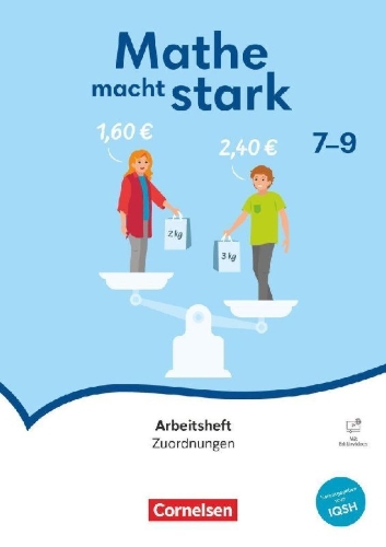 Buchcover und Innenansicht für das Buch: Mathe macht stark 7.-9. Schuljahr - Sekundarstufe I - Zuordnungen - Arbeitsheft mit Erklärvideos