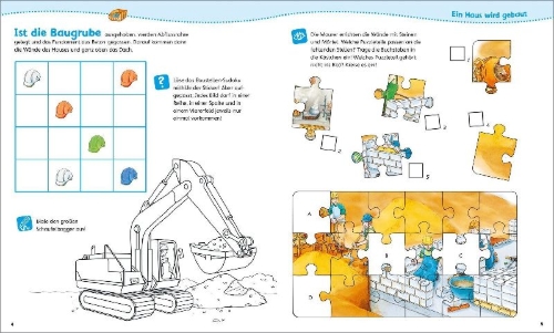 Buchcover und Innenansicht für das Buch: WAS IST WAS Junior Mitmach-Heft Baustelle