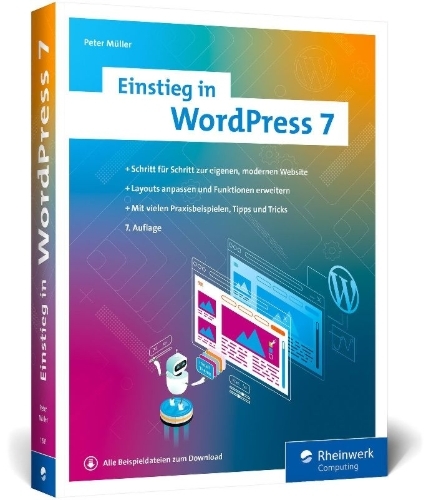 Buchcover und Innenansicht für das Buch: Einstieg in WordPress 7