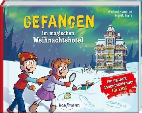 Buchcover und Innenansicht für das Buch: Gefangen im magischen Weihnachtshotel - Ein Escape-Adventskalender für Kids