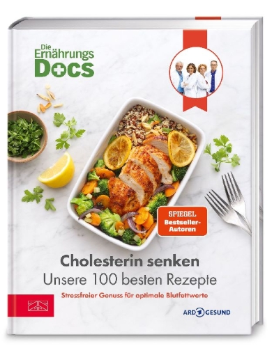 Buchcover und Innenansicht für das Buch: Die Ernährungs-Docs - Cholesterin senken - Unsere 100 besten Rezepte