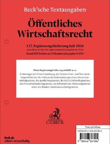 Buchcover und Innenansicht für das Buch: Öffentliches Wirtschaftsrecht  117. Ergänzungslieferung