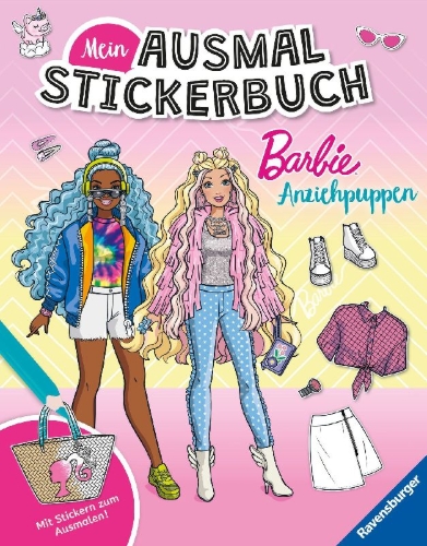 Buchcover und Innenansicht für das Buch: Mein Ausmalstickerbuch Barbie - Anziehpuppen