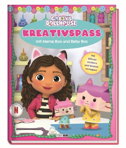 Buchcover und Innenansicht für das Buch: Gabby's Dollhouse: Kreativspaß mit Mama Box und Baby Box