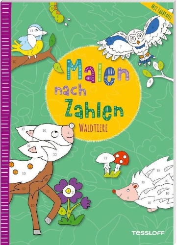 Buchcover und Innenansicht für das Buch: Malen nach Zahlen. Waldtiere