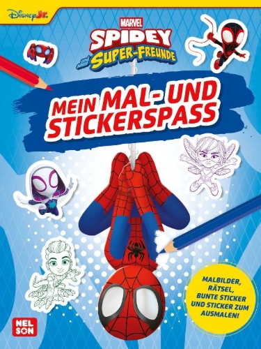 Buchcover und Innenansicht für das Buch: Spidey und seine Super-Freunde: Mein Mal- und Stickerspaß