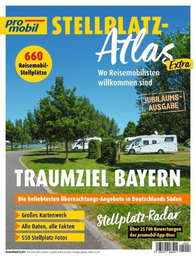 Buchcover und Innenansicht für das Buch: promobil Stellplatz-Atlas 02/2025