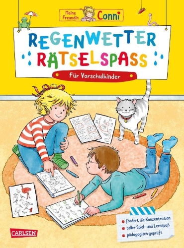 Buchcover und Innenansicht für das Buch: Conni Gelbe Reihe (Beschäftigungsbuch): Regenwetter-Rätselspaß für Vorschulkinder