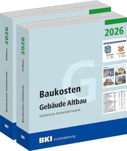 Buchcover und Innenansicht für das Buch: BKI Baukosten Gebäude + Positionen Altbau 2026