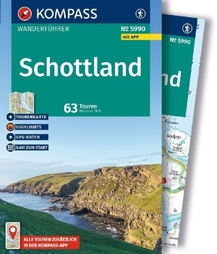 Buchcover und Innenansicht für das Buch: KOMPASS Wanderführer Schottland, 63 Touren mit Extra-Tourenkarte