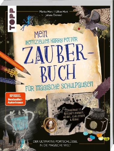 Buchcover und Innenansicht für das Buch: Mein inoffizielles Harry-Potter-Zauberbuch für magische Schulpausen. Zauberhafte Beschäftigungen, Rätsel, Challenges und mehr.