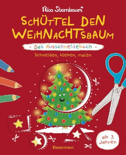 Buchcover und Innenansicht für das Buch: Schüttel den Weihnachtsbaum - Das Ausschneidebuch. Schneiden, kleben, malen für Kinder ab 3 Jahren