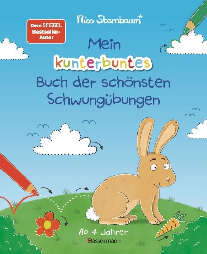 Buchcover und Innenansicht für das Buch: Mein kunterbuntes Buch der schönsten Schwungübungen. Schreibvorbereitung für Kindergarten, Vorschule und Grundschule. Ab 4 Jahre