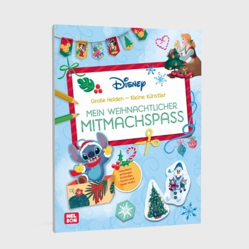 Buchcover und Innenansicht für das Buch: Disney Kreative Beschäftigung: Mein weihnachtlicher Mitmachspaß