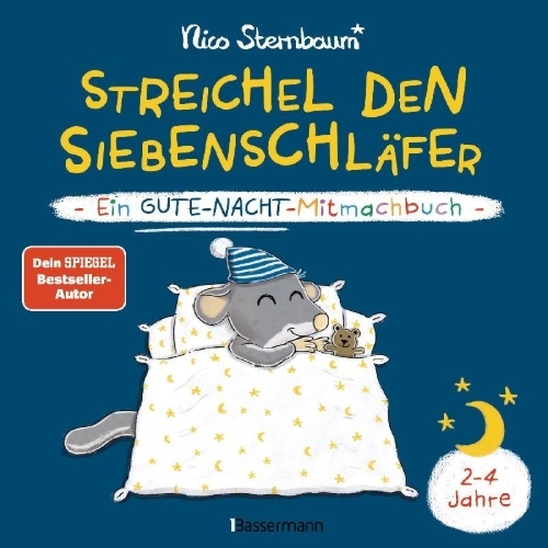 Buchcover und Innenansicht für das Buch: Streichel den Siebenschläfer - Ein Gute-Nacht-Mitmachbuch. Für Kinder ab 2 Jahren