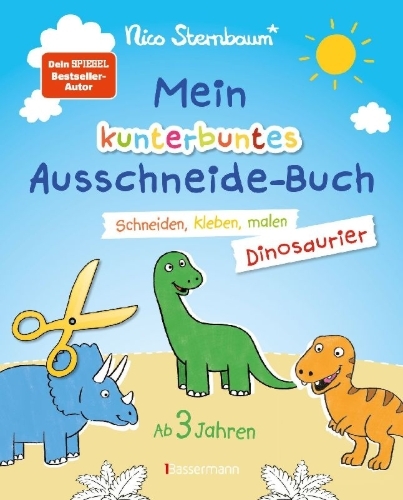 Buchcover und Innenansicht für das Buch: Mein kunterbuntes Ausschneidebuch - Dinosaurier. Schneiden, kleben, malen für Kinder ab 3 Jahren. Mit Scherenführerschein