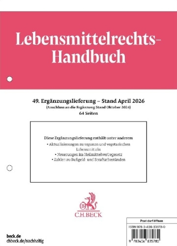 Buchcover und Innenansicht für das Buch: Lebensmittelrechts-Handbuch. 49. Ergänzungslieferung