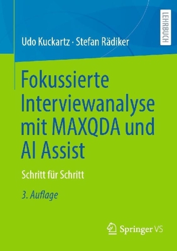 Buchcover und Innenansicht für das Buch: Fokussierte Interviewanalyse mit MAXQDA und AI Assist