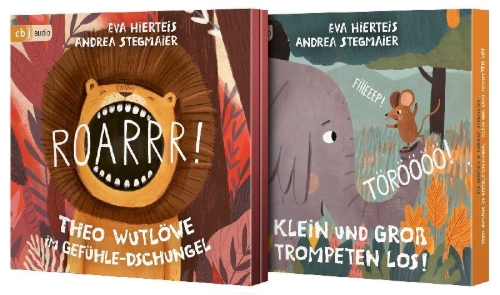 Buchcover und Innenansicht für das Buch: Roarrr! Theo Wutlöwe im Gefühle-Dschungel +  TÖRÖÖÖÖ! FIIIEEEP! Klein und Groß trompeten los!