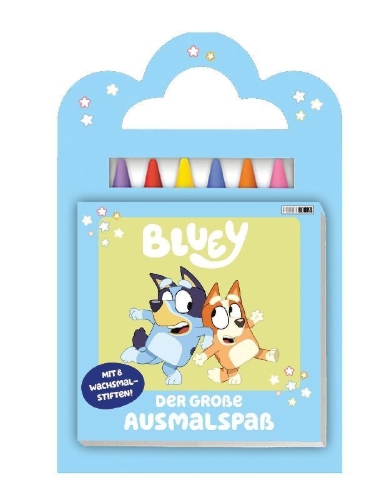 Buchcover und Innenansicht für das Buch: Bluey: Der große Ausmalspaß - Mit 6 Wachsmalstiften!