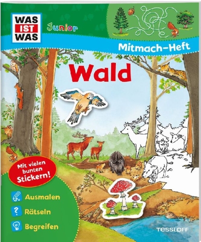 Buchcover und Innenansicht für das Buch: WAS IST WAS Junior Mitmach-Heft Wald