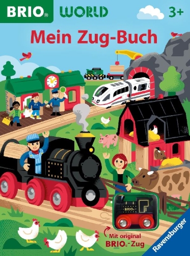 Buchcover und Innenansicht für das Buch: BRIO World: Mein Zug-Buch - Großes Vorlese-Spielbuch mit original BRIO-Zug und Gleisspuren auf jeder Seite