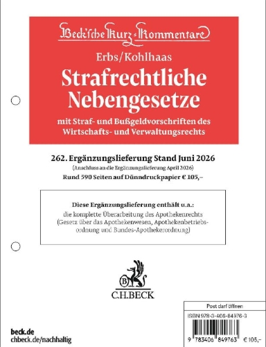 Buchcover und Innenansicht für das Buch: Strafrechtliche Nebengesetze  262. Ergänzungslieferung