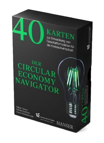 Buchcover und Innenansicht für das Buch: Der Circular Economy Navigator: 40 Karten zur Entwicklung von Geschäftsmodellen für die Kreislaufwirtschaft