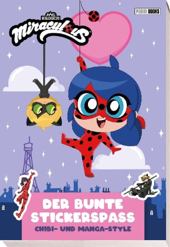 Buchcover und Innenansicht für das Buch: Miraculous: Der bunte Stickerspaß: Chibi- und Manga-Style