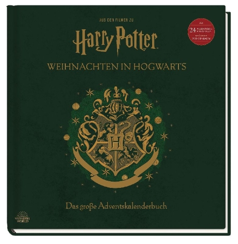 Buchcover und Innenansicht für das Buch: Aus den Filmen zu Harry Potter: Weihnachten in Hogwarts: Das große Adventskalenderbuch