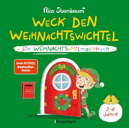 Buchcover und Innenansicht für das Buch: Weck den Weihnachtswichtel. Ein Weihnachts-Mitmachbuch. Zum Schütteln, Schaukeln, Pusten und mehr. Von 2 bis 4 Jahren